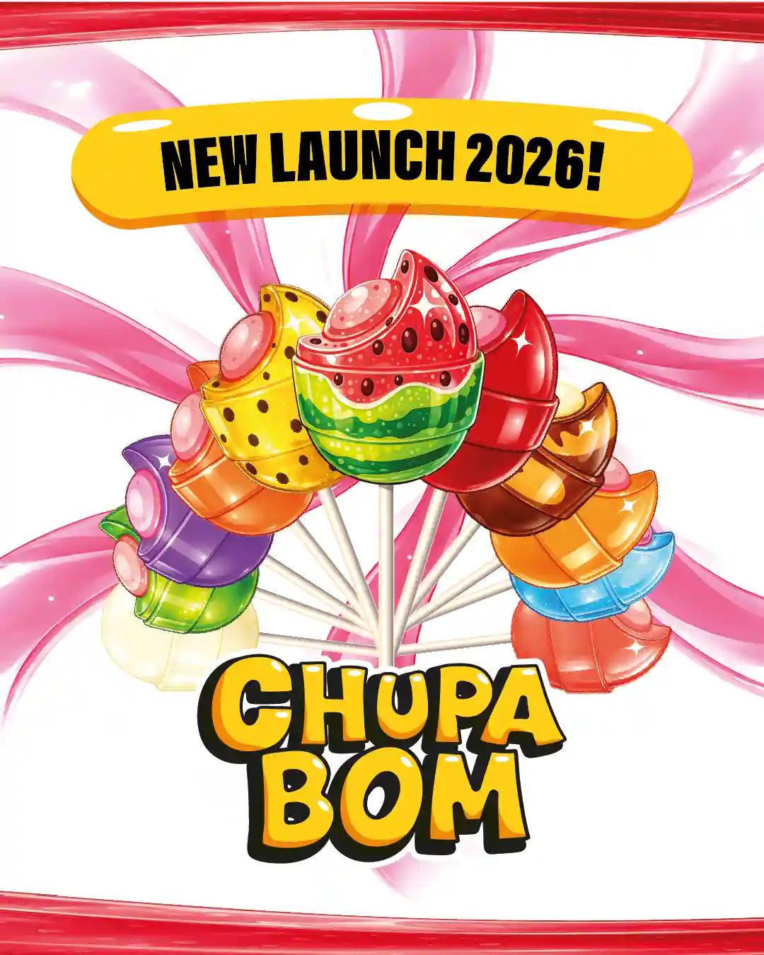 CHUPA BOM — arte de lanzamiento 2026, 11 sabores